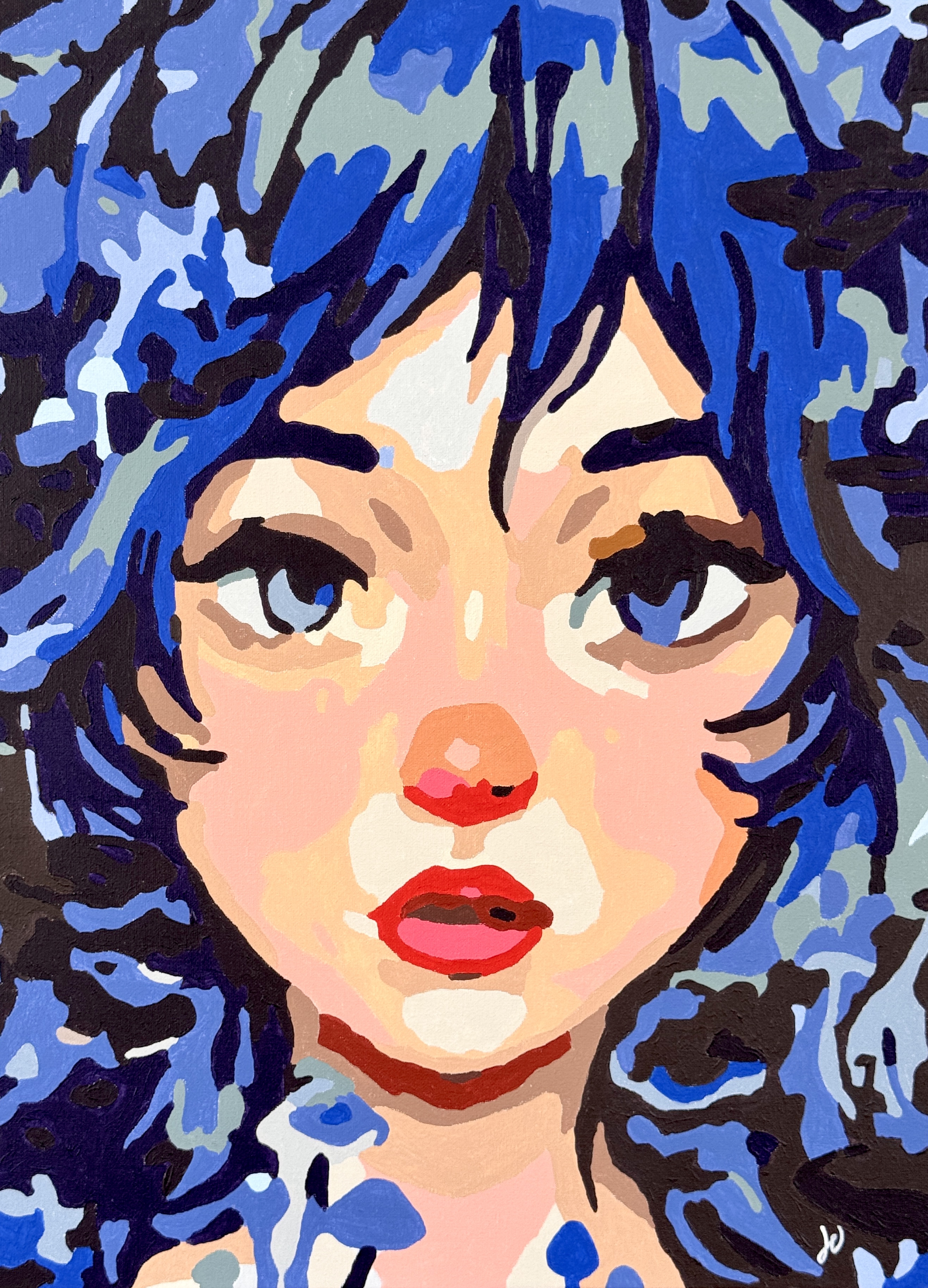 Close portrait in peach and cream, framed by cobalt and midnight-blue shapes