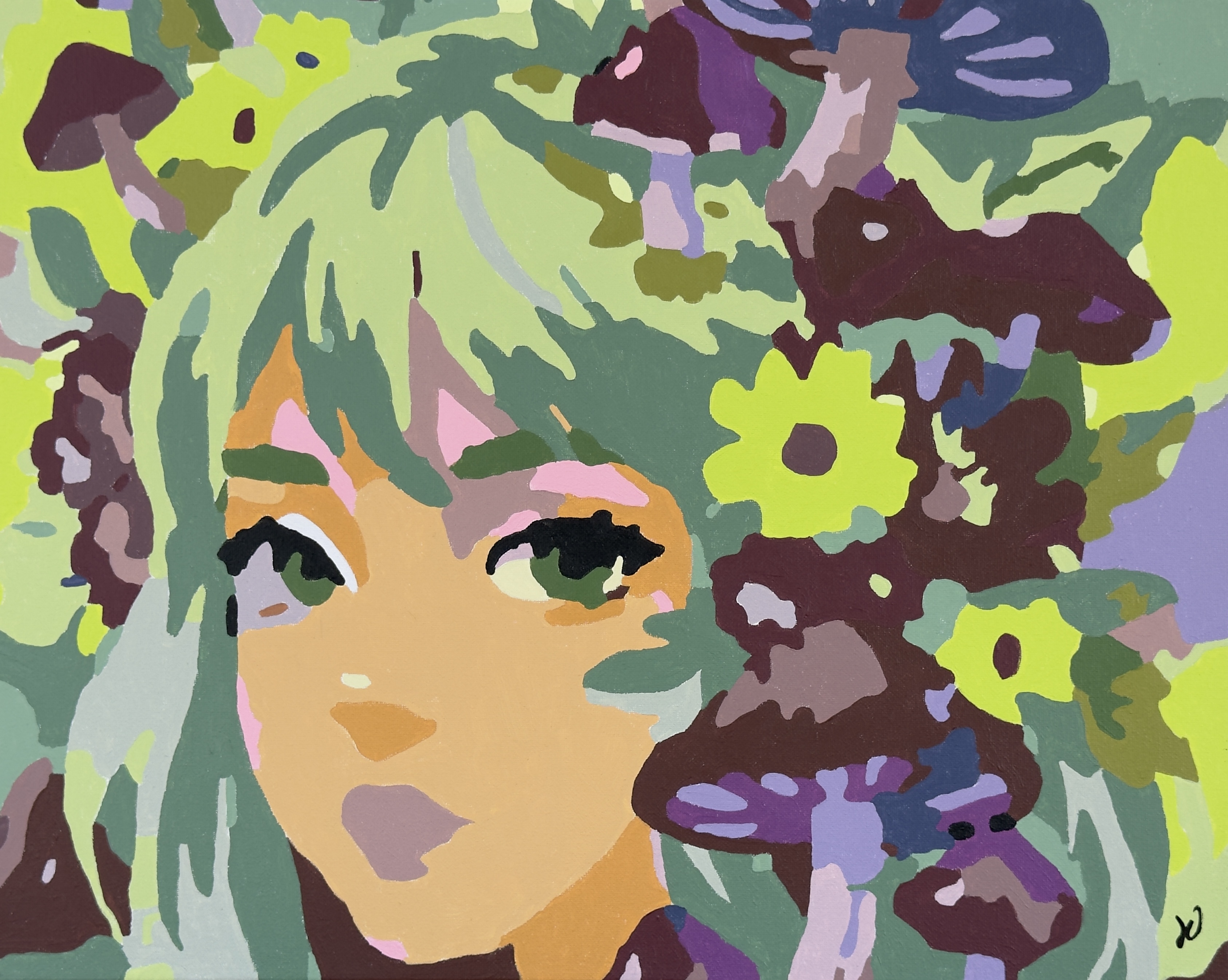 Acrylic portrait appearing through a green garden of flowers and fantastical mushrooms