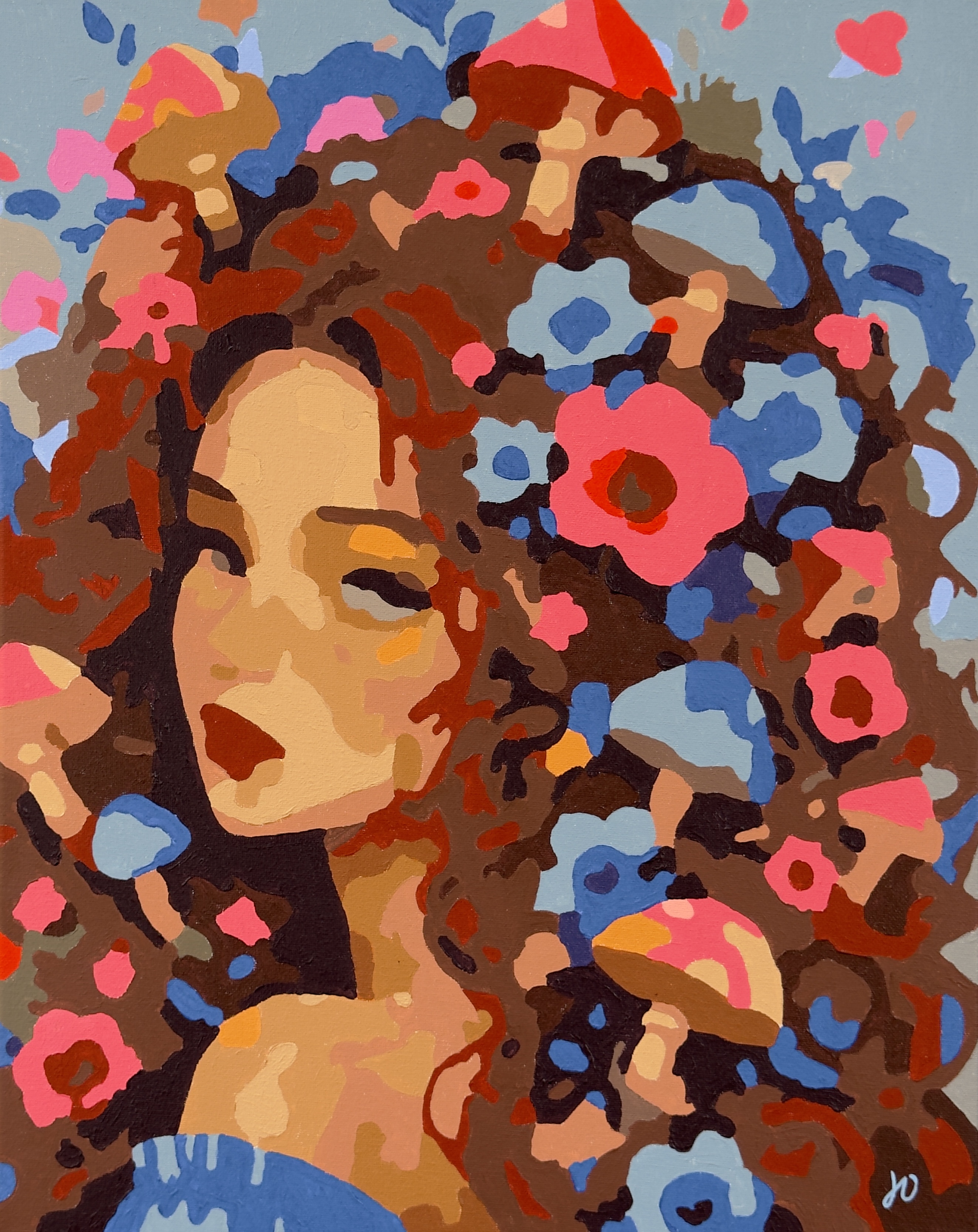 Acrylic portrait surrounded by coral flowers, mushrooms, and blue organic forms